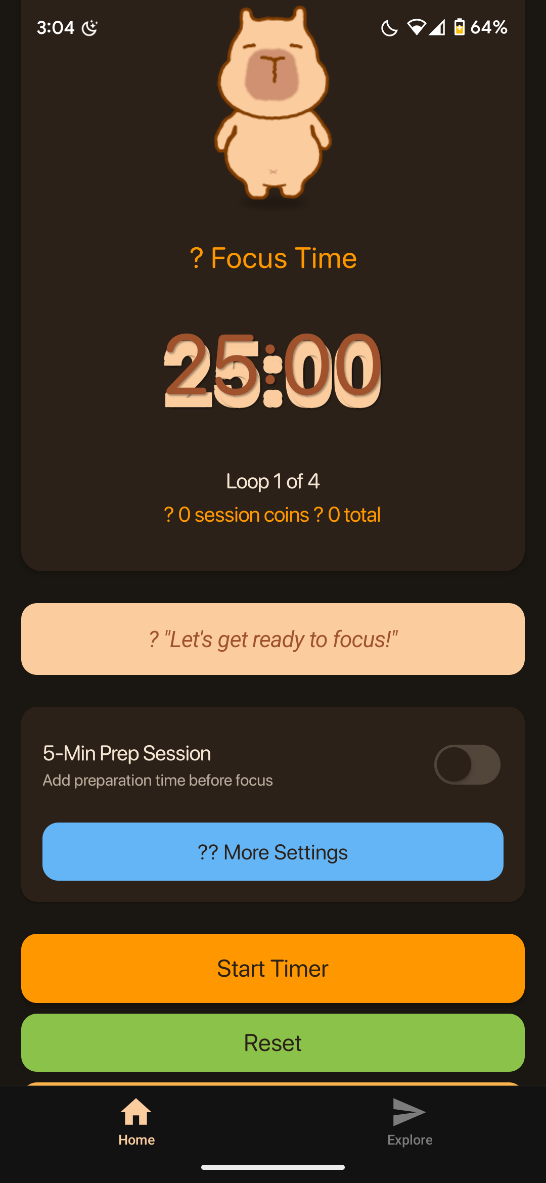 The agent's version of the timer screen: a dark theme with generic rounded buttons — an orange Start Timer, a green Reset and a blue More Settings — and broken emoji showing as question marks