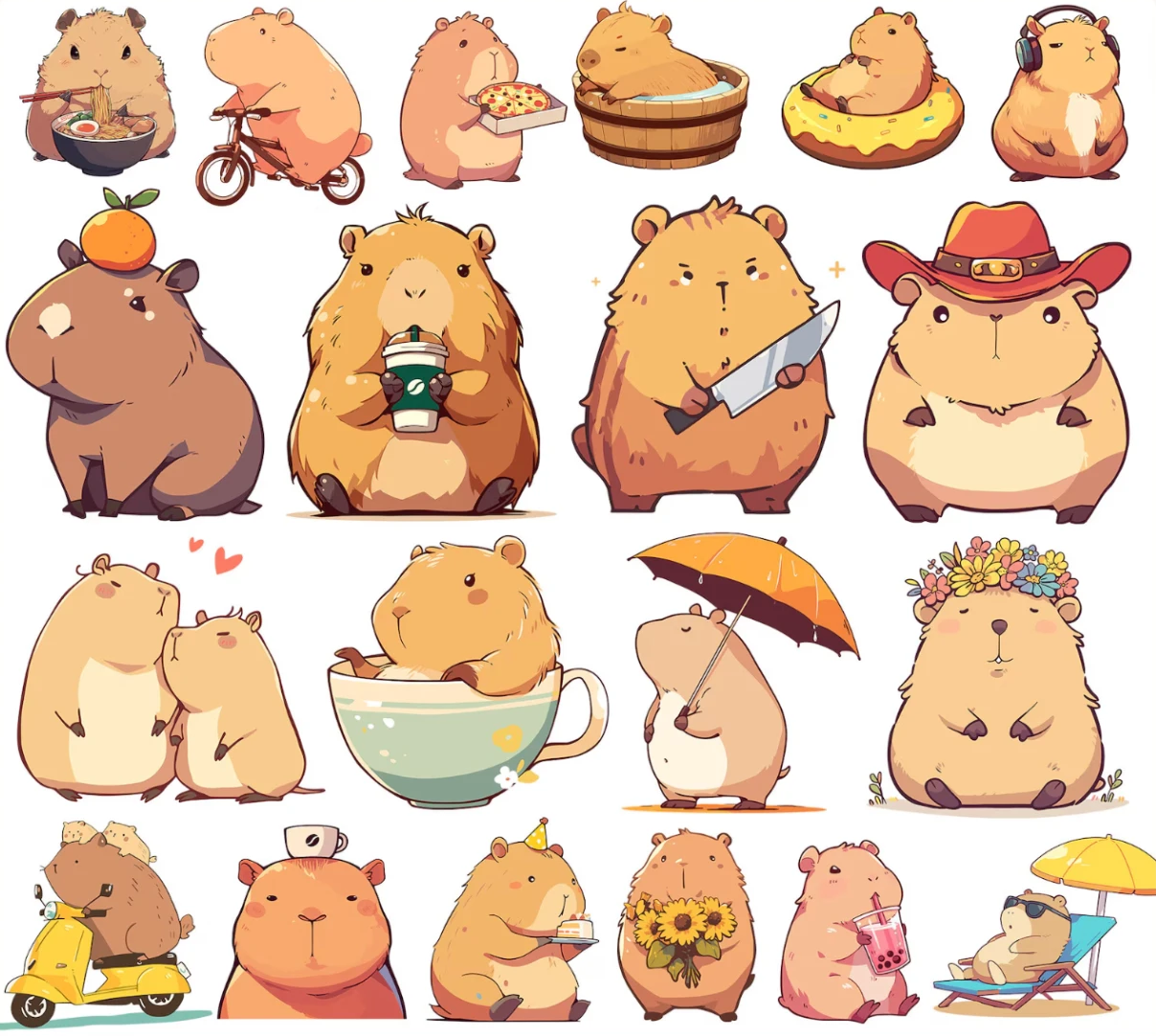 A grid of AI-generated capybara clip art — capybaras eating ramen, riding a bike, holding pizza, in a teacup, under an umbrella and more