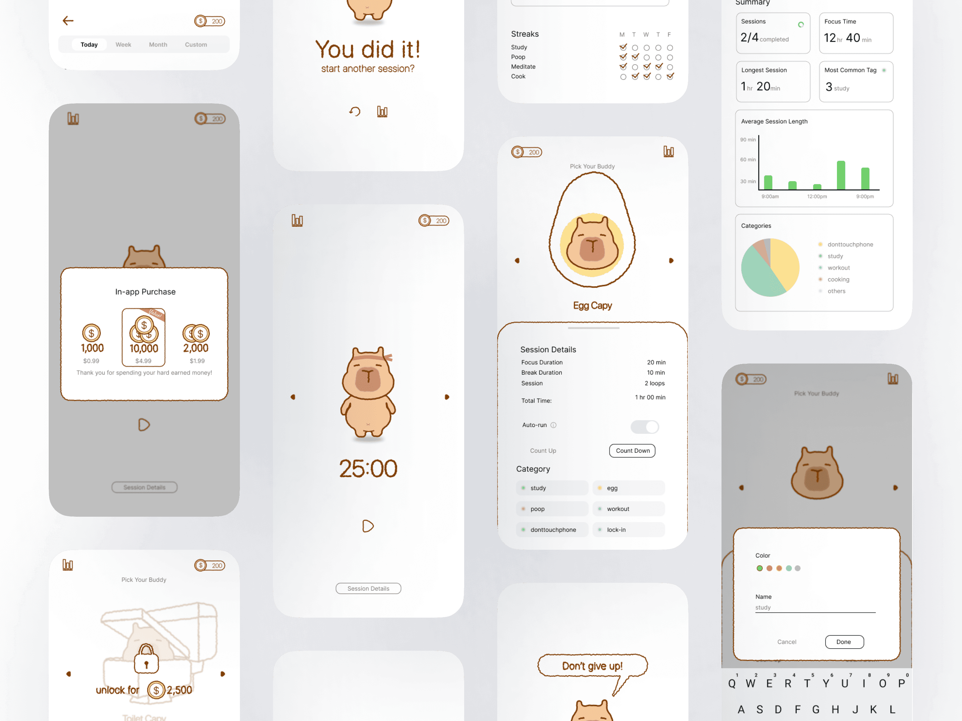 Ten capy timer app screens: the timer with the capybara, a Pick Your Buddy screen with an Egg Capy, session details, an in-app purchase for coins, streaks, a statistics summary with charts, and a Don't give up! dialogue bubble