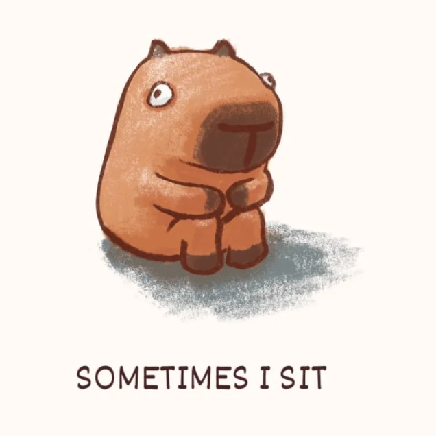 My hand-drawn capybara: a brown, blocky capybara with a long, square snout, sitting hugging its knees above the words 'Sometimes I sit'