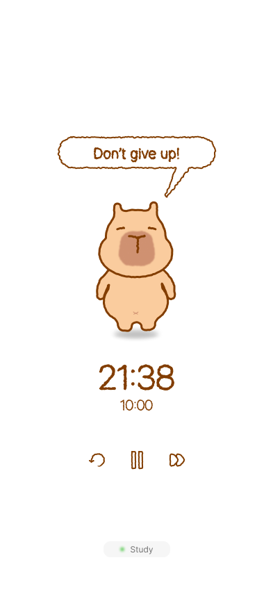 My timer screen design: the capybara with a hand-drawn 'Don't give up!' speech bubble, a hand-lettered 21:38 countdown, and hand-drawn restart, pause and skip icons