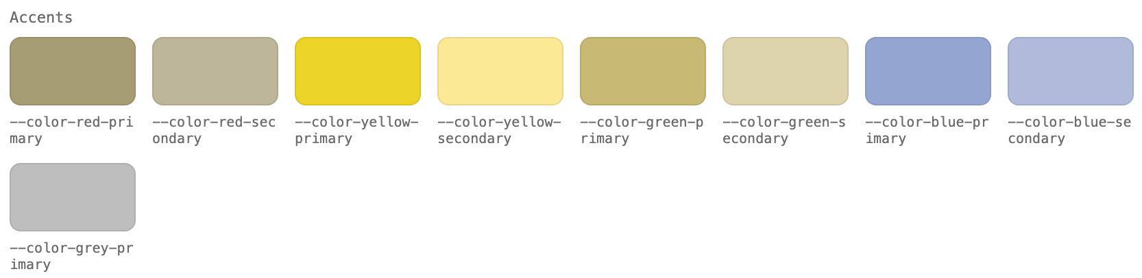 The same accent palette as seen with deuteranopia: red, green and yellow all collapse into similar olive and yellow tones, and only the blues stay distinct