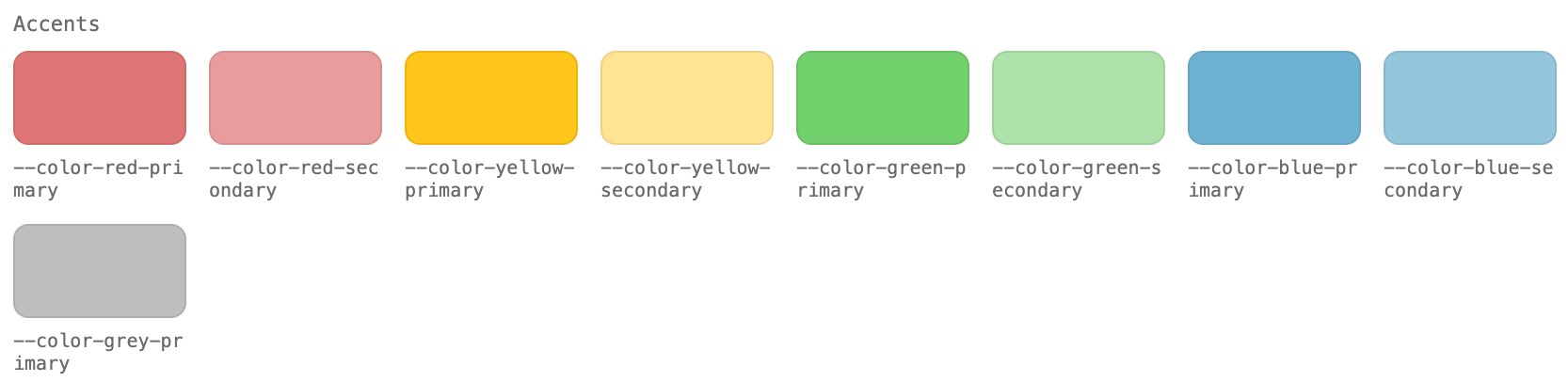 The capy-ui accent palette: red, yellow, green and blue in primary and lighter secondary pastel shades, plus a light grey