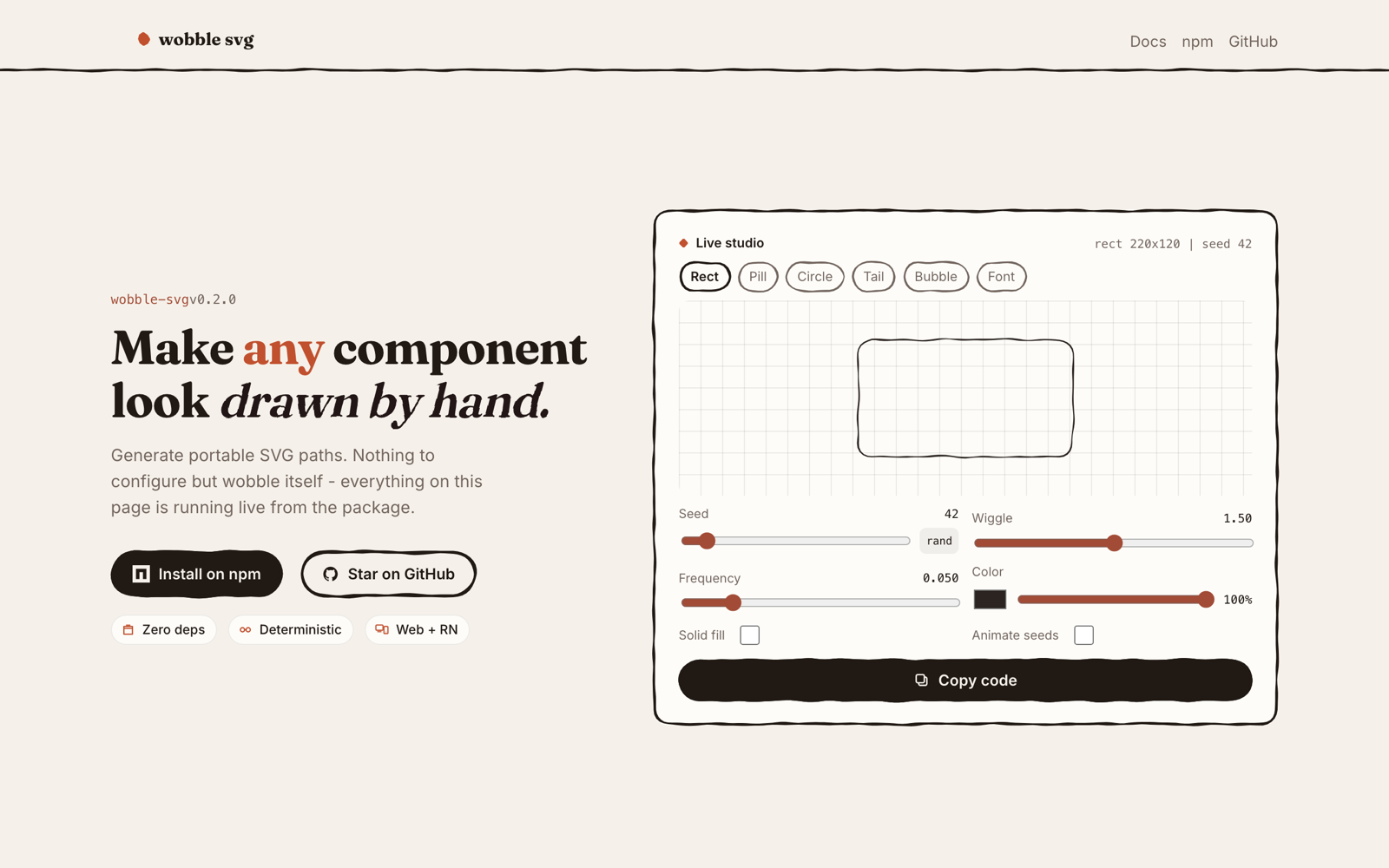 The wobble svg landing page: the headline 'Make any component look drawn by hand' beside a live studio with a wobbly rectangle and sliders for seed, wiggle, frequency and color